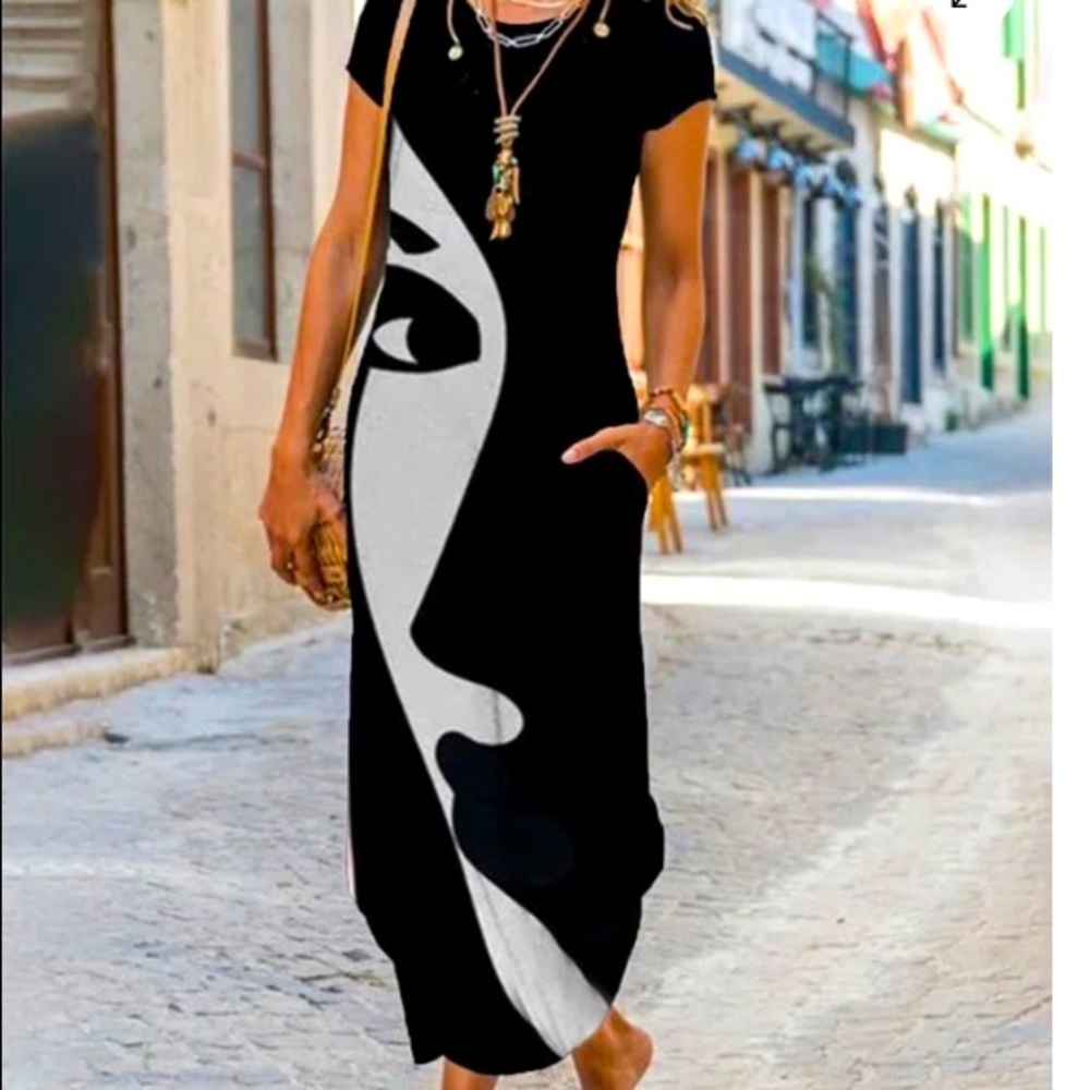 Short Sleeve Abstract Dress Sz L Black/White
